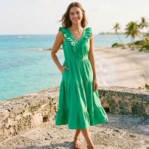 J.Crew Cotton Ruffle Midi Dress Kelley Green Sz 4 Sleeveless Tiered Pockets NWT